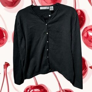 Black stretchy button-up cardigan.   Measurements:Bust 44 in. Length 23 in.